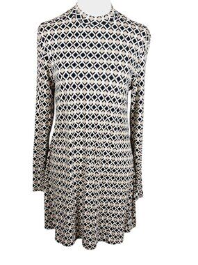 Dorothy Perkins Black, Off White & Tan Geo Print Mini Dress Long Sleeve, Size 10